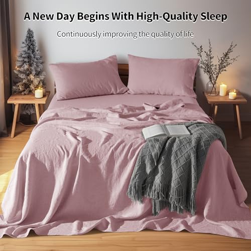 LBRO2M 100 Pure Linen Sheet Set Deep Pocket Up to 16 Bed Sheets Sets Natural Flax Beddings Soft Breathable Comfortable for All Seasons 4 Pcs Sheet Set Queen Size Embroidery Purple - Image 3