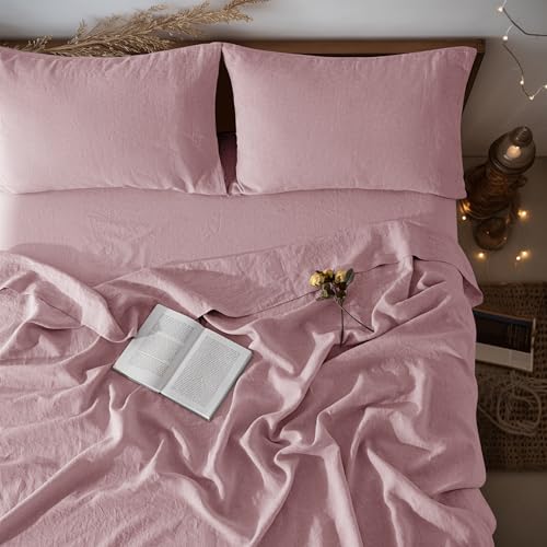 LBRO2M 100 Pure Linen Sheet Set Deep Pocket Up to 16 Bed Sheets Sets Natural Flax Beddings Soft Breathable Comfortable for All Seasons 4 Pcs Sheet Set Queen Size Embroidery Purple - Image 1