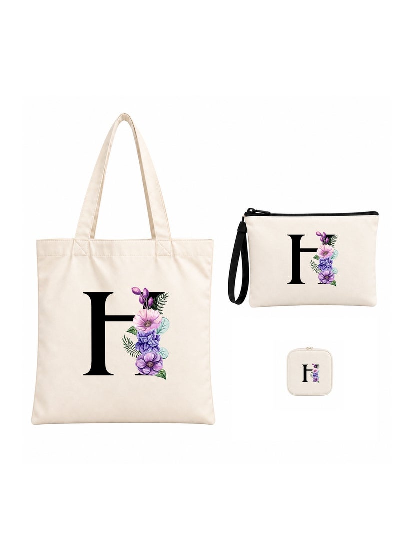 PRINTSHOP4ME Alphabet Floral Initial Gift Combo | 3 in 1 Tote Bag | Pouch | Jewellery Box Set - Image 1