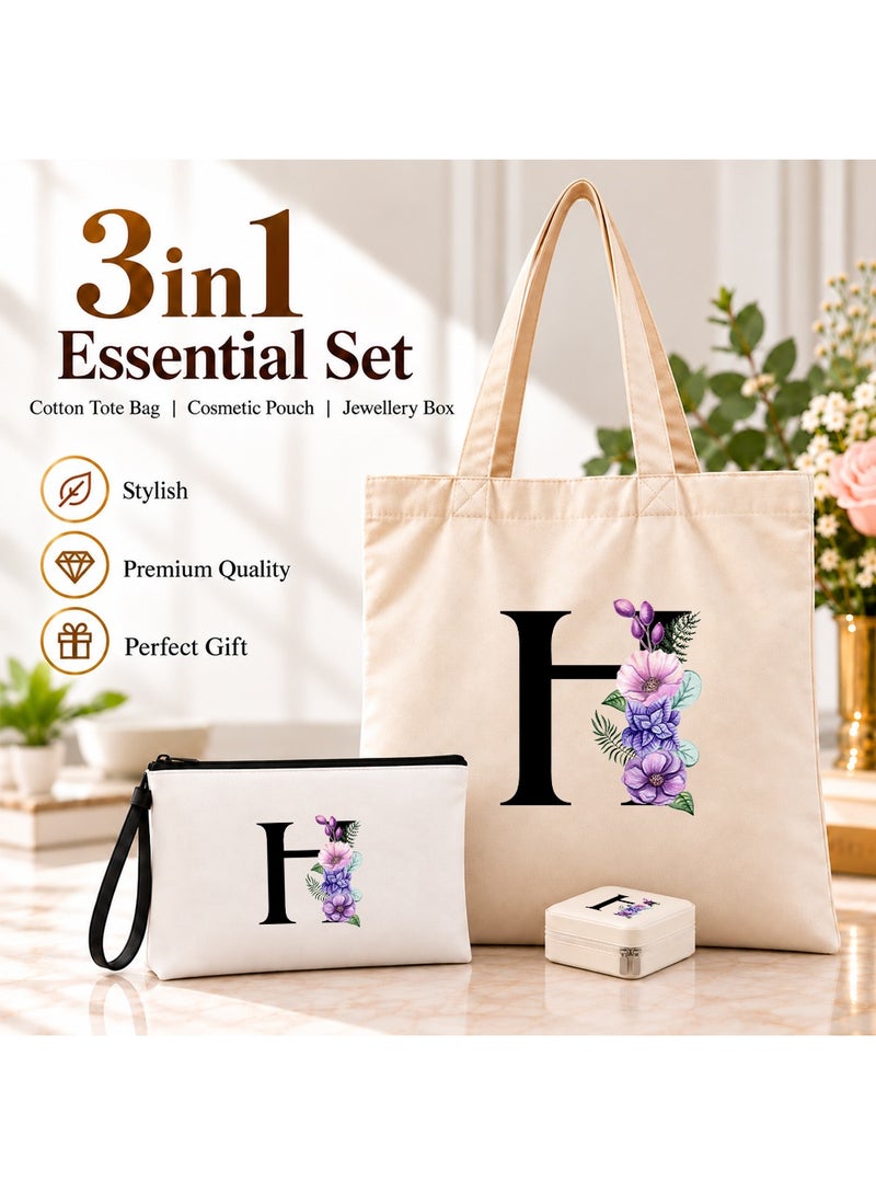 PRINTSHOP4ME Alphabet Floral Initial Gift Combo | 3 in 1 Tote Bag | Pouch | Jewellery Box Set - Image 2