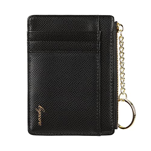 Cynure Women's Slim Minimalist Card Holder Coin Changes Purse Keychain Front Pocket Wallet With ID Window, Black ID - Image 3