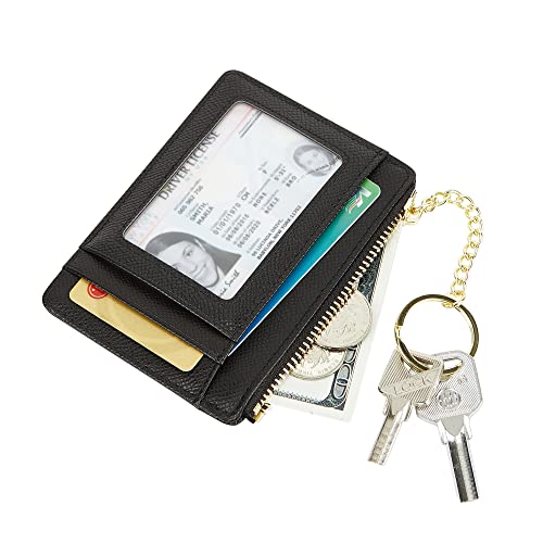 Cynure Women's Slim Minimalist Card Holder Coin Changes Purse Keychain Front Pocket Wallet With ID Window, Black ID - Image 2