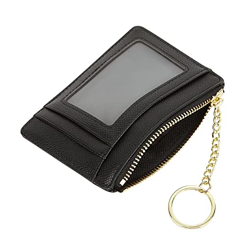 Cynure Women's Slim Minimalist Card Holder Coin Changes Purse Keychain Front Pocket Wallet With ID Window, Black ID - Image 4