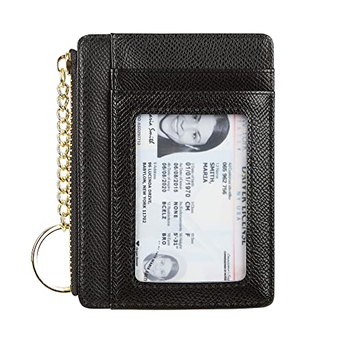 Cynure Women's Slim Minimalist Card Holder Coin Changes Purse Keychain Front Pocket Wallet With ID Window, Black ID - Image 1