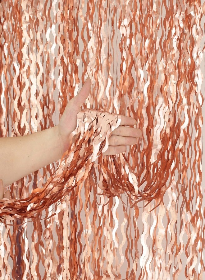 KEEUH 4 Pack Rose Gold Backdrop Birthday Decorations - 3.3x6.6ft Wavy Tinsel Foil Backdrop Party Streamer Party Supplies Background | Tinsel Curtain Backdrop for Parties - Image 1