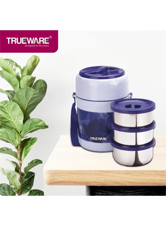 Trueware علبة غداء TRUEWARE Office Plus 3 بثلاث حاويات من الفولاذ المقاوم للصدأ، سعة 300 مل × 3، لون أزرق داكن | معزولة بمادة البولي يوريثان | علبة غداء | حافظة طعام | علبة غداء ساخنة | مانعة للتسرب | سهلة الحمل | مناسبة للأطعمة الساخنة والباردة | خالية من مادة BPA | علبة من الفولاذ المقاوم للصدأ | مناسبة للمكتب | للاستخدام الخارجي | للرجال والنساء والأطفال - Image 2