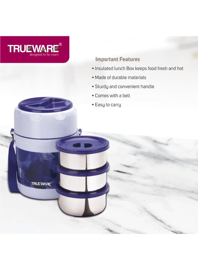 Trueware علبة غداء TRUEWARE Office Plus 3 بثلاث حاويات من الفولاذ المقاوم للصدأ، سعة 300 مل × 3، لون أزرق داكن | معزولة بمادة البولي يوريثان | علبة غداء | حافظة طعام | علبة غداء ساخنة | مانعة للتسرب | سهلة الحمل | مناسبة للأطعمة الساخنة والباردة | خالية من مادة BPA | علبة من الفولاذ المقاوم للصدأ | مناسبة للمكتب | للاستخدام الخارجي | للرجال والنساء والأطفال - Image 3