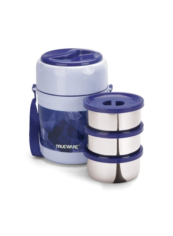 Trueware علبة غداء TRUEWARE Office Plus 3 بثلاث حاويات من الفولاذ المقاوم للصدأ، سعة 300 مل × 3، لون أزرق داكن | معزولة بمادة البولي يوريثان | علبة غداء | حافظة طعام | علبة غداء ساخنة | مانعة للتسرب | سهلة الحمل | مناسبة للأطعمة الساخنة والباردة | خالية من مادة BPA | علبة من الفولاذ المقاوم للصدأ | مناسبة للمكتب | للاستخدام الخارجي | للرجال والنساء والأطفال - Image 1