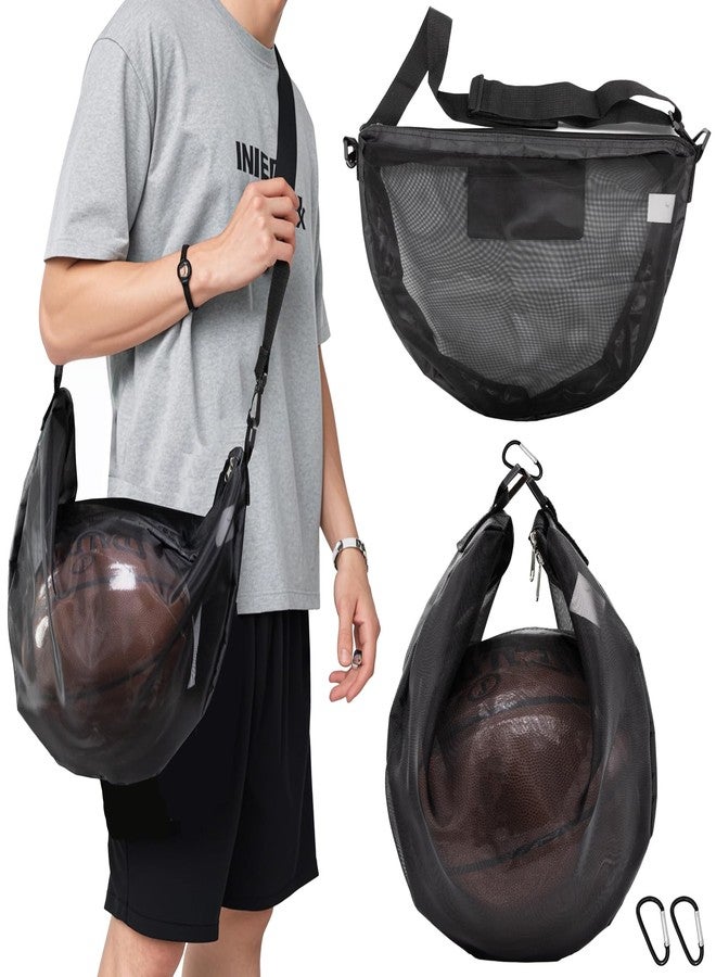 Niuohoy Single Mesh Ball Bag with Zipper Pocket Ball Storage Bag Mesh Shoulder Bag with Buckle Clip for Carrying Basketball Soccer Volleyball Rugby Swim Beach Bag Gym Sports Crossbody Bag - Image 1