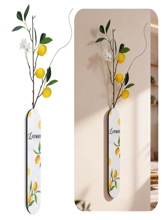 Woration 1PC Wall Mounted Wood Lemon Theme Decoration Fake Plant Hanging Wooden Plaque Vase Planter with Artificial Fruit Branche Art Wall for Bathroom Bedroom Kitchen Office Home - White - Image 1
