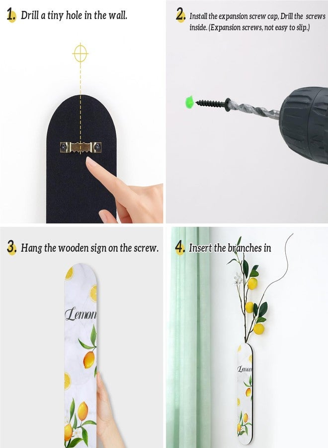 Woration 1PC Wall Mounted Wood Lemon Theme Decoration Fake Plant Hanging Wooden Plaque Vase Planter with Artificial Fruit Branche Art Wall for Bathroom Bedroom Kitchen Office Home - White - Image 5
