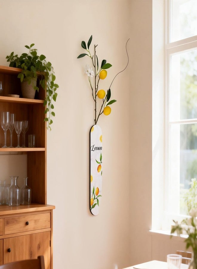 Woration 1PC Wall Mounted Wood Lemon Theme Decoration Fake Plant Hanging Wooden Plaque Vase Planter with Artificial Fruit Branche Art Wall for Bathroom Bedroom Kitchen Office Home - White - Image 2