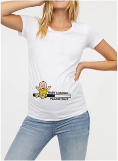 We Happy Women Maternity Cotton T Shirt - Cartoon Printed Baby is Loading Short Sleeve Round Neck Breathable Pregnancy Casual White Shirt  - Image 2