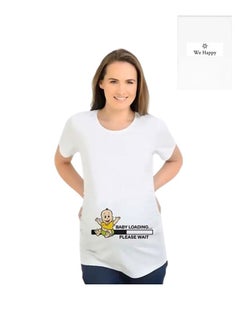 We Happy Women Maternity Cotton T Shirt - Cartoon Printed Baby is Loading Short Sleeve Round Neck Breathable Pregnancy Casual White Shirt  - Image 1