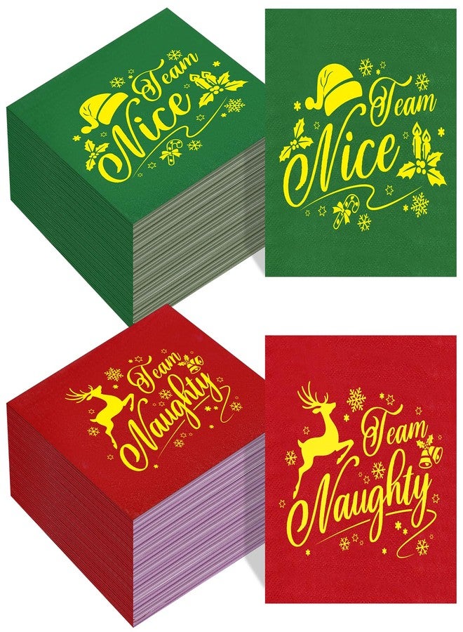 Zhanmai 200 Pcs Christmas Napkins Bulk Paper Funny Christmas Cocktail Napkins Disposable Team Naughty Team Nice Holiday Red Green with Gold Foil for Xmas Party Supplies Decorations, 6.5 x 6.5 Inch - Image 1