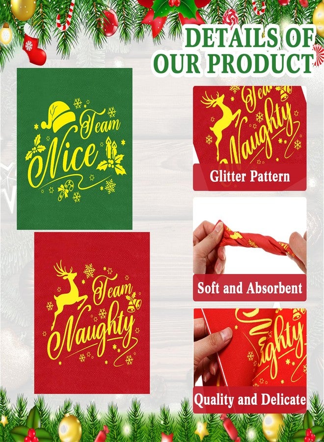Zhanmai 200 Pcs Christmas Napkins Bulk Paper Funny Christmas Cocktail Napkins Disposable Team Naughty Team Nice Holiday Red Green with Gold Foil for Xmas Party Supplies Decorations, 6.5 x 6.5 Inch - Image 2