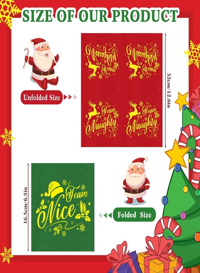 Zhanmai 200 Pcs Christmas Napkins Bulk Paper Funny Christmas Cocktail Napkins Disposable Team Naughty Team Nice Holiday Red Green with Gold Foil for Xmas Party Supplies Decorations, 6.5 x 6.5 Inch - Image 3