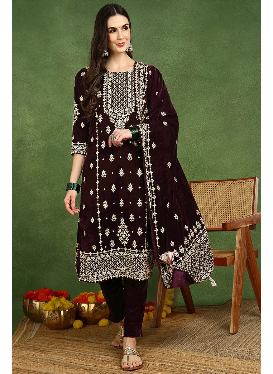 ZERESOUQ Purple Velvet Ethnic Printed 3-Piece Suit Set