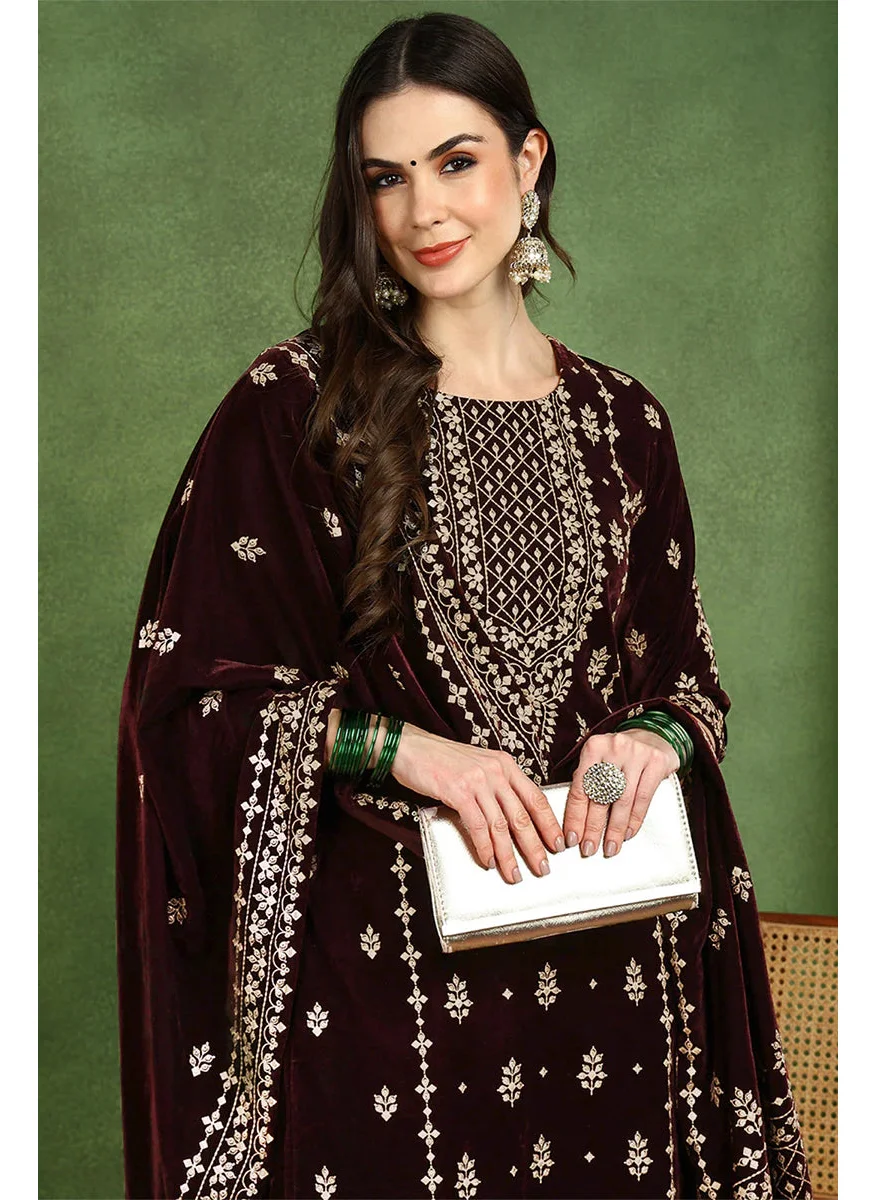 ZERESOUQ Purple Velvet Ethnic Printed 3-Piece Suit Set