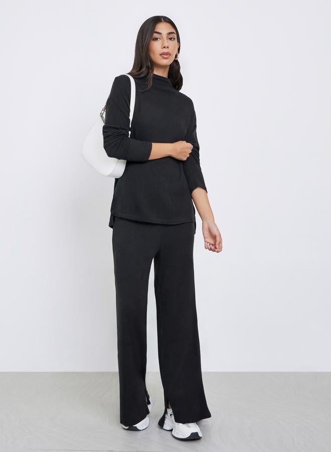 ستايلي بلوزة محبوكة مضلعة بأكتاف منخفضة وفتحة جانبية - Image 2