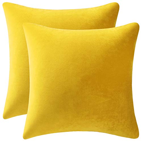 DEZENE Couch Pillow Covers 16x16 Yellow 2 Pack Cozy Soft Velvet Square Throw Pillow Cases for Farmhouse Home Decor