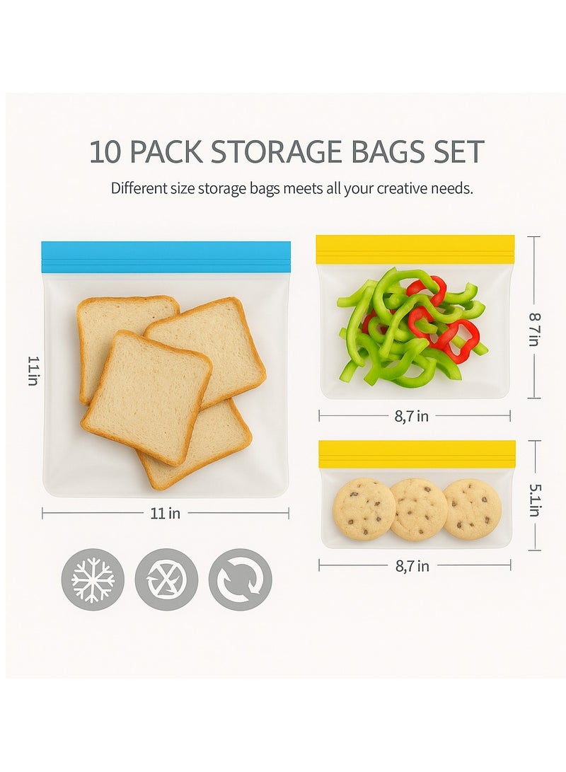 H.F.J HFJ Reusable Ziploc Freezer Bags, 10 Pack, Upright Leak Proof Reusable Food Storage Bags, 2 Gallon Bags + 4 Sandwich Bags + 4 Snack Bags Reusable Freezer Bags for Kitchen, Meat, Fruits, Grains - Image 4