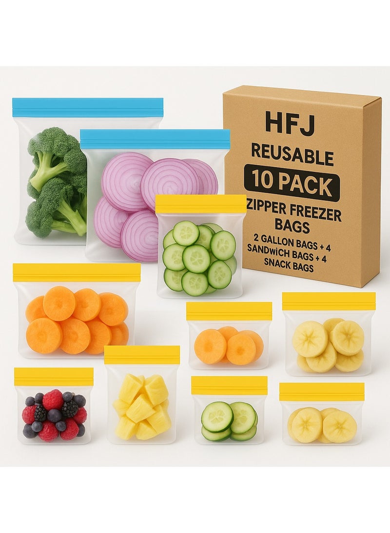 H.F.J HFJ Reusable Ziploc Freezer Bags, 10 Pack, Upright Leak Proof Reusable Food Storage Bags, 2 Gallon Bags + 4 Sandwich Bags + 4 Snack Bags Reusable Freezer Bags for Kitchen, Meat, Fruits, Grains - Image 1