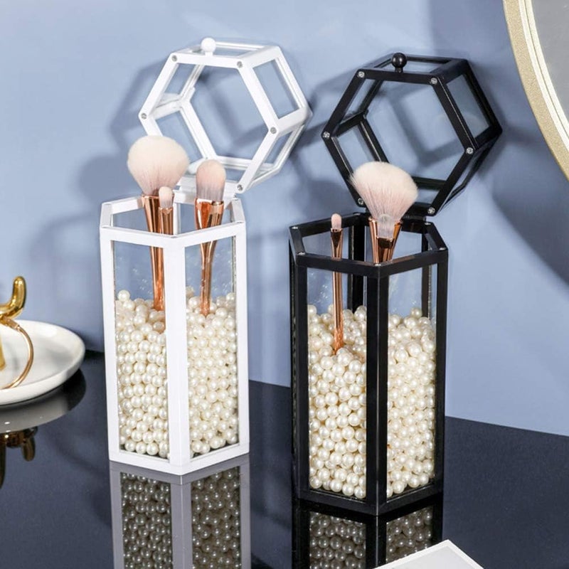 LADILA Multifunction Cosmetic Storage Box Makeup Brush Organizer Transparent Stationery Bathroom Accessories Multifunction Dustproof Pink Pearls Bedroom Decoration Hexagon - Image 2