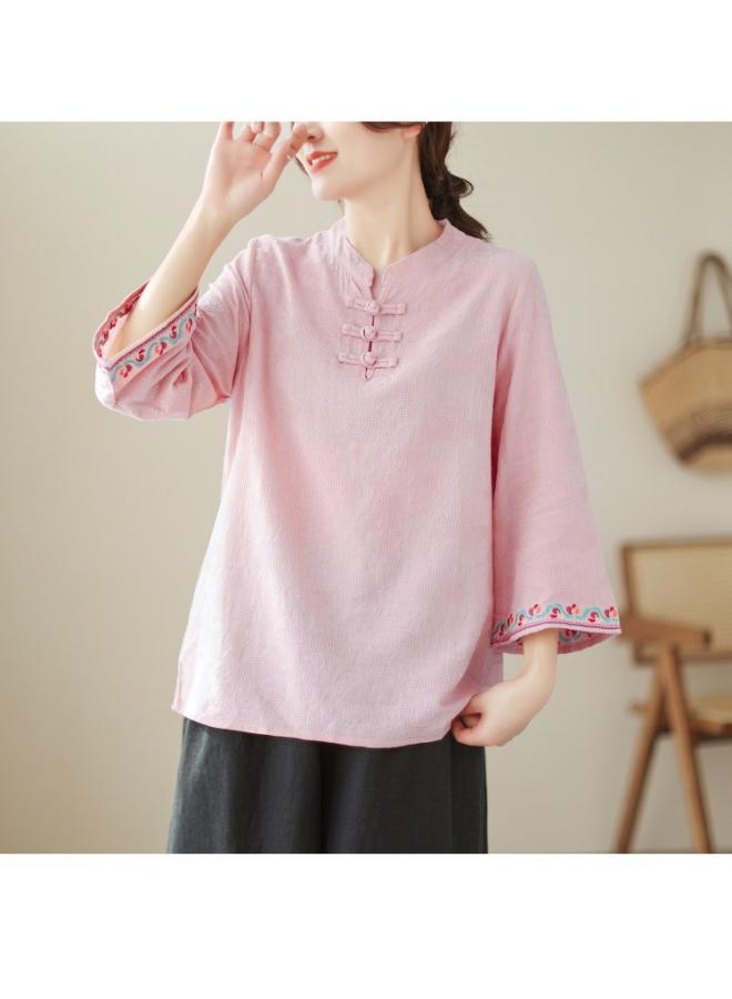 VUELO Real Shot Summer New Vintage Jacquard Cotton Linen Button Seven Sleeve Shirt Women's Shirt Top 2870# - Image 1