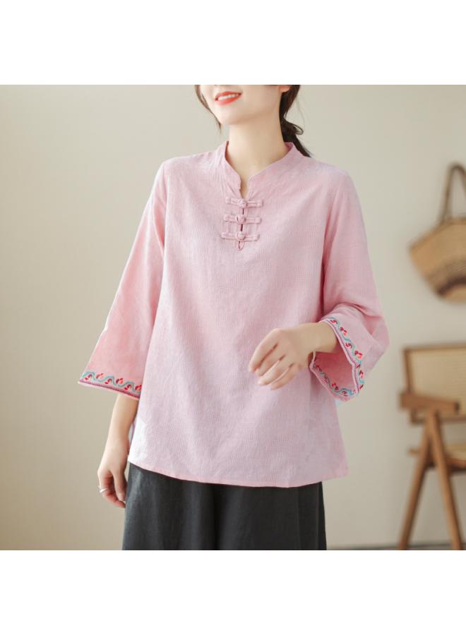 VUELO Real Shot Summer New Vintage Jacquard Cotton Linen Button Seven Sleeve Shirt Women's Shirt Top 2870# - Image 3