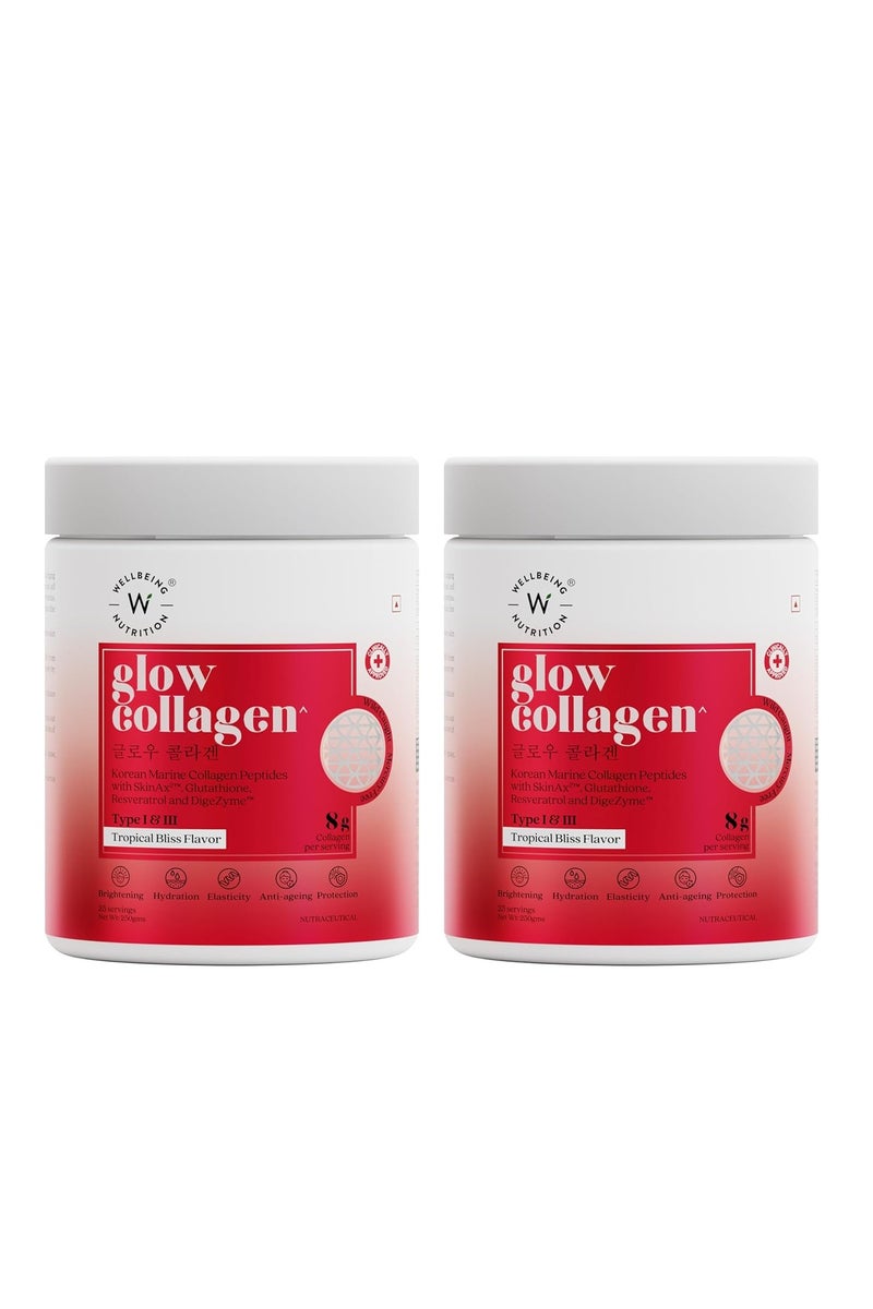 WELLBEING NUTRITION Glow Collagen with Glutathione | Collagen Supplements for Women & Men | Marine Collagen Powder with SkinAxÂ², Resveratrol, Bromelain & Goji Berry | 250g - Tropical Bliss Flavor Pack of 2 - Image 1