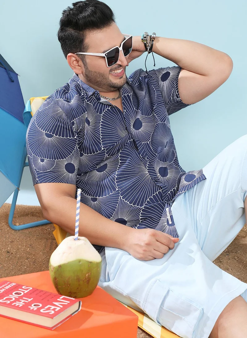 Instafab Plus Instafab Plus Men's Navy Blue Mushroom Print Button Up Plus-Size Fit Shirt For Casual Wear | Heavy Rayon Spread Collar Shirt Crafted With Regular Sleeve & Comfort Fit For Everyday Wear