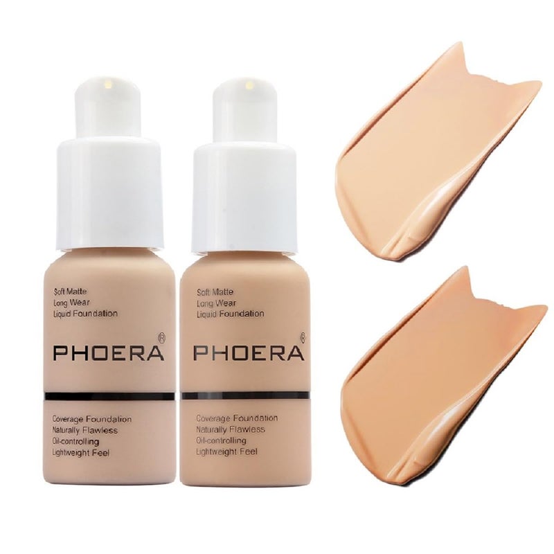 Meifen 2 Pack PHOERA Foundation 102 Nude and 104 Buff BeigeFlawless Soft Matte Liquid Foundation 24 HR Oil Control Concealer Foundation Makeup