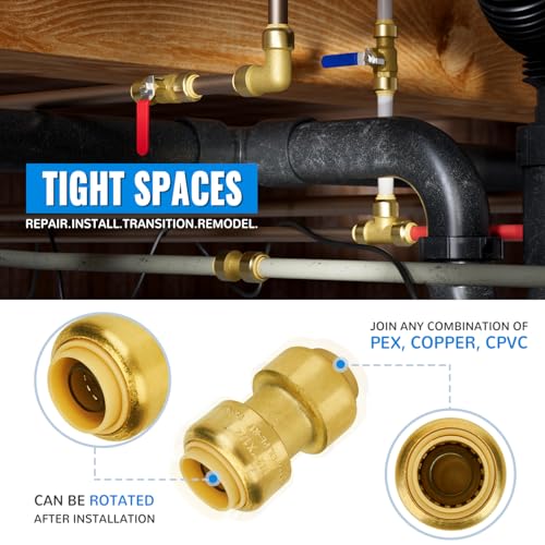 SUNGATOR موصل SUNGATOR 1/2 بوصة، تركيبات PEX دفع 1/2 بوصة، موصل مستقيم 1/2 بوصة، تركيبات نحاسية خالية من الرصاص للتوصيل لأنابيب PEX، نحاس، CPVC، مع 1 مشبك فصل، عبوة من 12 - Image 4