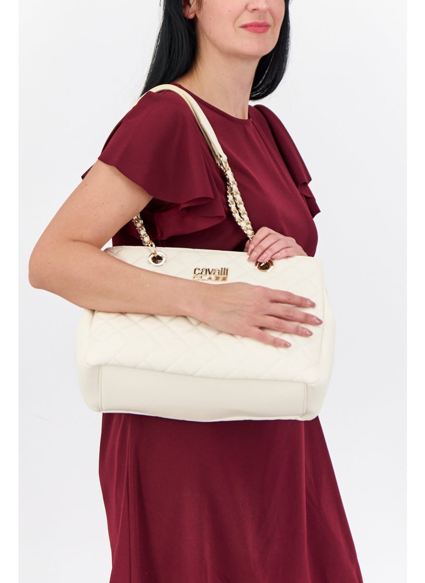 Cavalli Class - Women Quilted Shoulder Bag 27 H x 35 L x 14  W cm, Ivory - Image 1