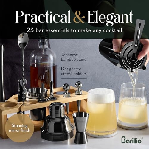 Barillio Black Bartender Kit - Stainless-Steel Cocktail Shaker Set w/Bamboo Stand - Mixology Bar Tools w/Drink Shaker, Mixer Spoon & Muddler for Cocktails - Home Bar Accessories - 23-Pc Bar Set - Image 4
