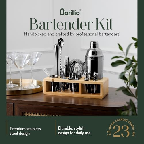 Barillio Black Bartender Kit - Stainless-Steel Cocktail Shaker Set w/Bamboo Stand - Mixology Bar Tools w/Drink Shaker, Mixer Spoon & Muddler for Cocktails - Home Bar Accessories - 23-Pc Bar Set - Image 2