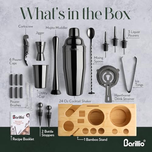 Barillio Black Bartender Kit - Stainless-Steel Cocktail Shaker Set w/Bamboo Stand - Mixology Bar Tools w/Drink Shaker, Mixer Spoon & Muddler for Cocktails - Home Bar Accessories - 23-Pc Bar Set - Image 5