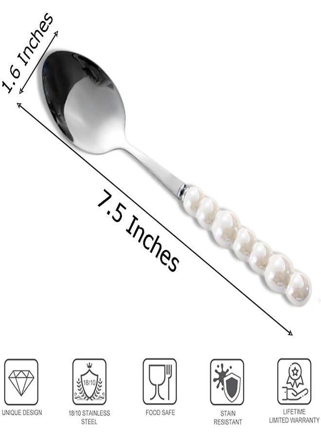 Ouliget Stainless Steel Spoons, Ceramic Handle Spoon, Korean Dessert Spoon with Imitation Pearl Handle, 7.5 Inches,4 Pieces (White) - Image 2