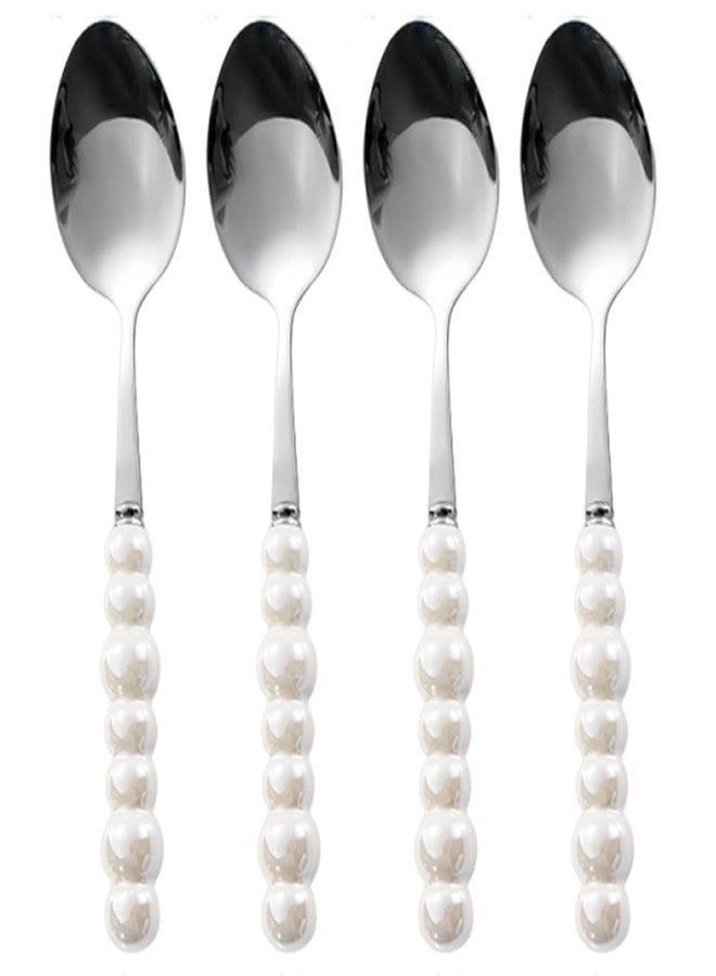 Ouliget Stainless Steel Spoons, Ceramic Handle Spoon, Korean Dessert Spoon with Imitation Pearl Handle, 7.5 Inches,4 Pieces (White) - Image 1