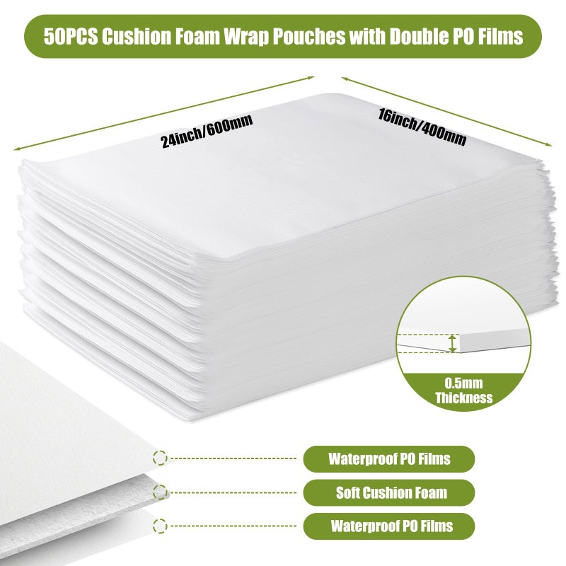 EPHECH 50PCS Foam Pouches 16x24Inch, Cushion Foam Wrap Pouches for Moving and Packing, Double PO Films Foam Wrap Pouches for Protect Large Dish, Book, Photo Frame, Canvas Artwork and Fragile Items - Image 2