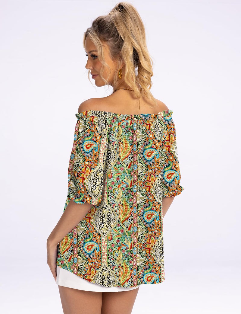 Kistore Blouses for Women Dressy Casual Short Sleeve Crew Neck Off Shoulder Tops for Women Fashion Outfits 2026 Boho Printed L - Image 4