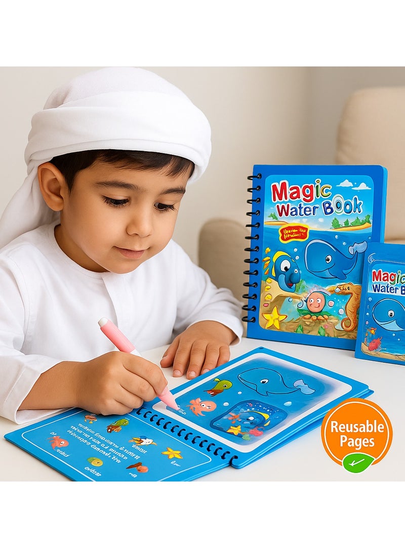 DECOR SOUQ Magic Water Color Book for Kids – Under Water Aquatic Animals Theme – Reusable Water Drawing Book with Magic Pen –  Mess-Free Learning & Coloring Fun for Toddlers & Preschoolers – Educational Travel Activity Toy for Boys & Girls Age 3–6 – Develops Creativity, Fine Motor Skills & Color Recognition – Non-Toxic, Safe & Refillable Pen Included – Ideal for Home, School or Travel – Compact Spiral Design – Use Anywhere, Anytime – Watch Colors Magically Appear with Water Only – Limited Stock - Image 1
