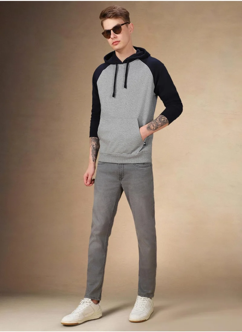 Dennis Lingo Men's Grey Melange Polyester Blend Colour Blocked Regular Fit Sweatshirt
