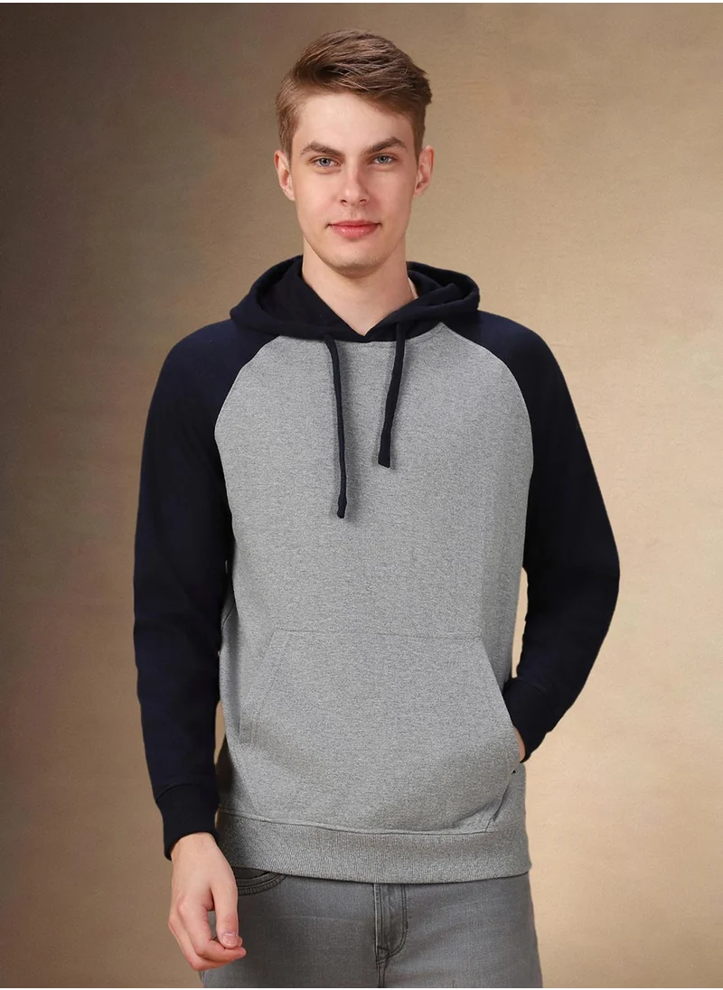 Dennis Lingo Men's Grey Melange Polyester Blend Colour Blocked Regular Fit Sweatshirt