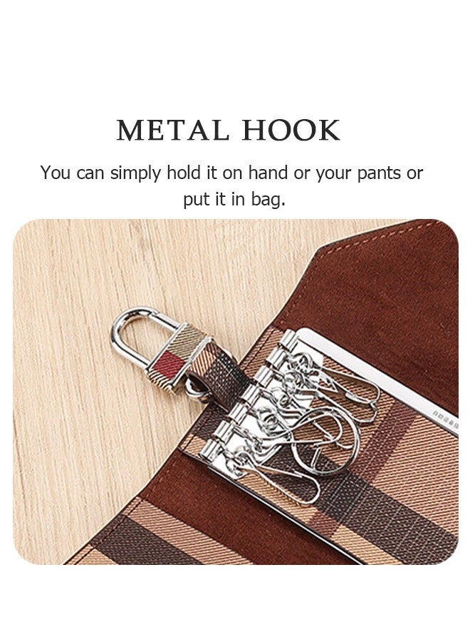 Car PU Plaid Smart Key Chain bag, 6 Hook Anti Rust Alloy Key Chain Waterproof Leather Wallet Pouch, Money ID Card Storage Holder Organizer (Brown) - Image 4