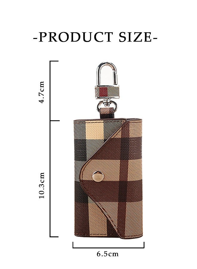 Car PU Plaid Smart Key Chain bag, 6 Hook Anti Rust Alloy Key Chain Waterproof Leather Wallet Pouch, Money ID Card Storage Holder Organizer (Brown) - Image 2
