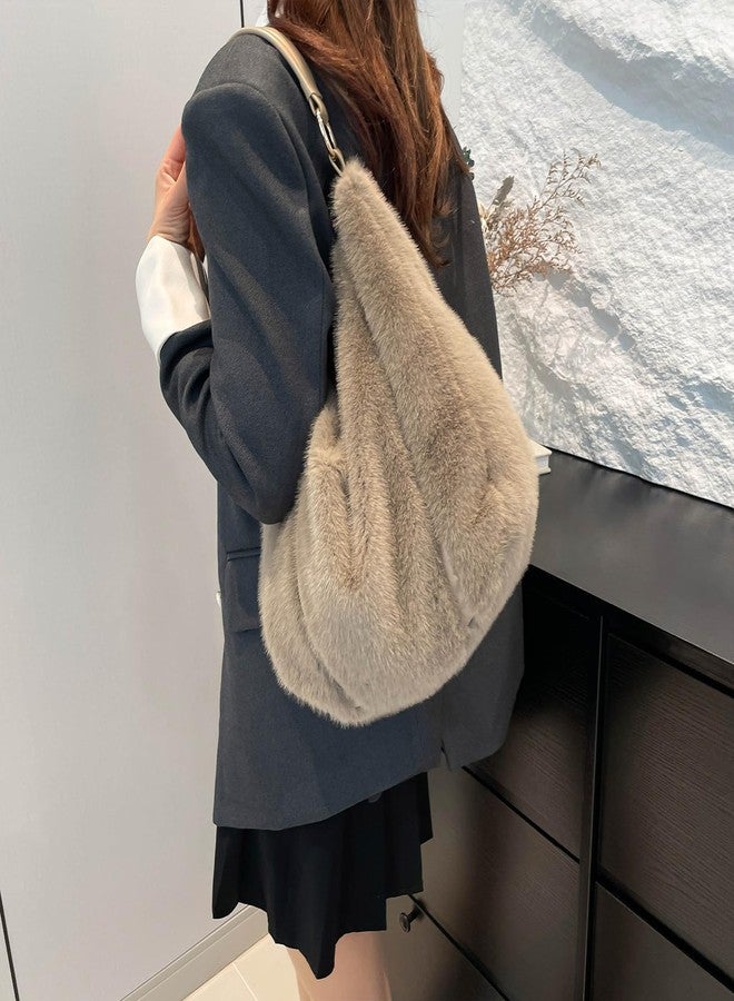 Extolove Fluffy Tote Bag, Winter Fuzzy Purses for Women Faux Fur Bag Soft Furry Shoulder Bag Crossbody Handbag Plush Tote Bag, Khaki, Small - Image 3