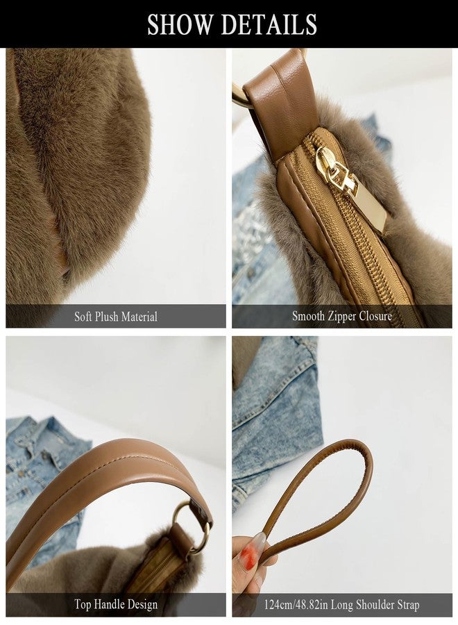 Extolove Fluffy Tote Bag, Winter Fuzzy Purses for Women Faux Fur Bag Soft Furry Shoulder Bag Crossbody Handbag Plush Tote Bag, Khaki, Small - Image 5