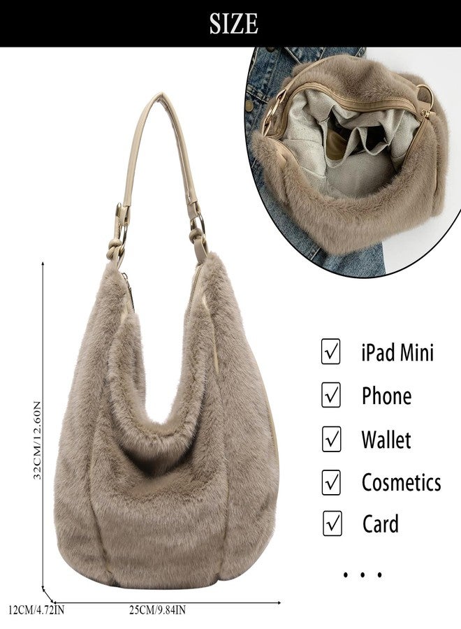 Extolove Fluffy Tote Bag, Winter Fuzzy Purses for Women Faux Fur Bag Soft Furry Shoulder Bag Crossbody Handbag Plush Tote Bag, Khaki, Small - Image 4